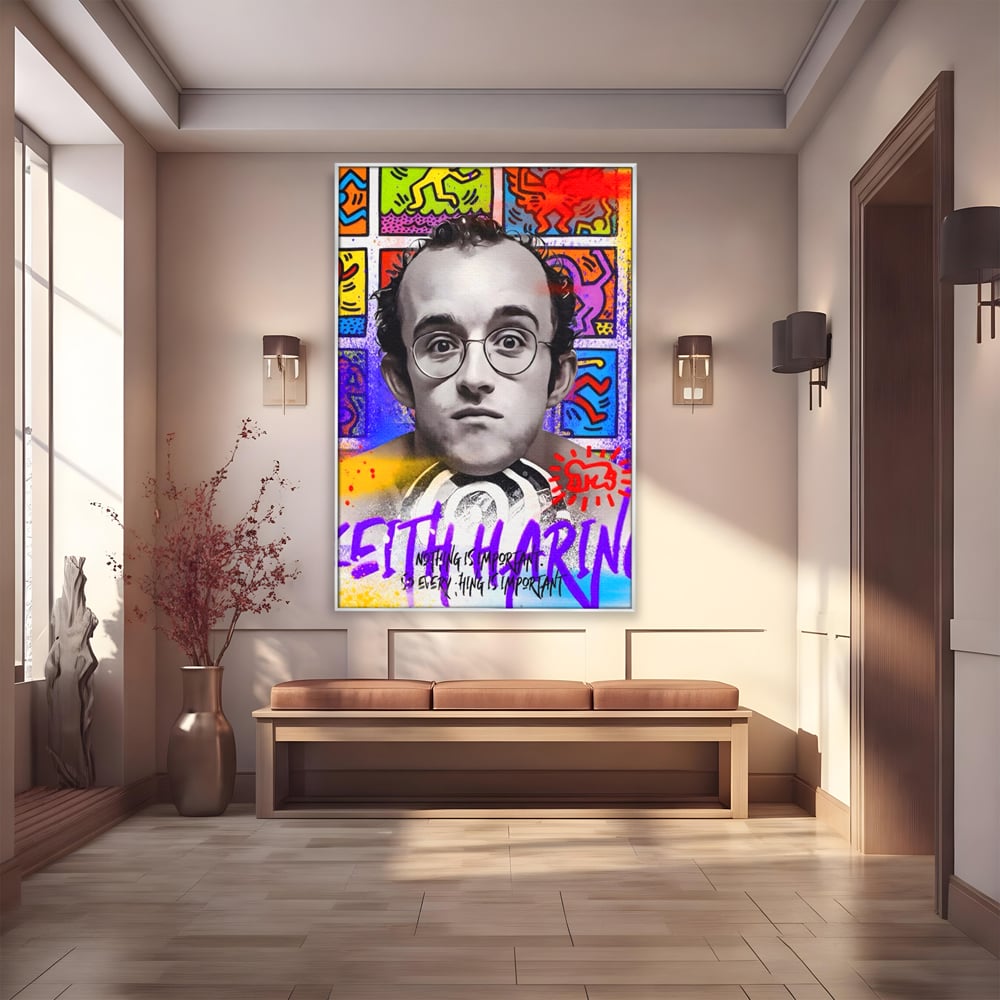 Tablou canvas cu tablou canvas cu portret alb negru si grafica keith haring, in rama de aluminiu argintiu